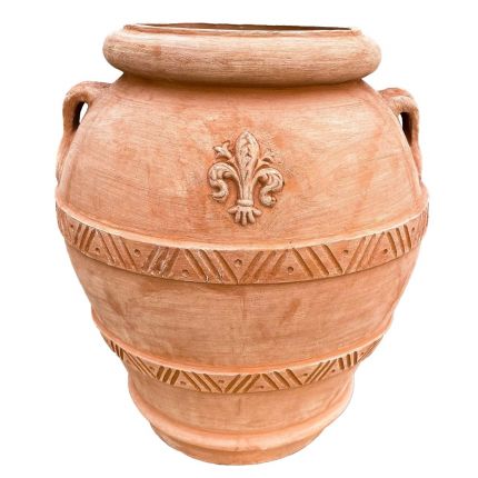 Galestro Terracotta, Orcio Castello, Krug, Amphore, Griffe, Henkelkrug, Ölkrug, rund, hoch, Verzierung, Streifen, Lilie
