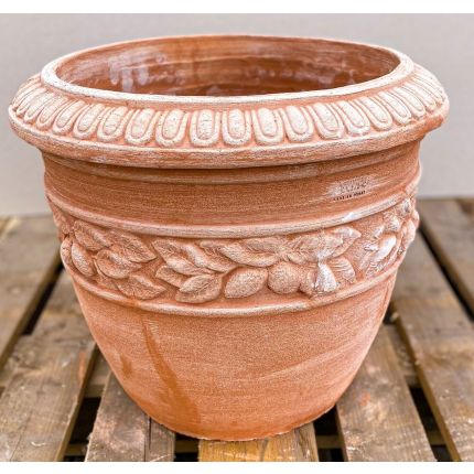 Galestro Terracotta,  Vaso Fascia, Blumentopf, rund, verziert, Blättergirlande, Streifendekor