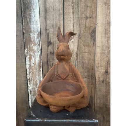 Gusseisentierfigur Hase mit Schale, Hasenfigur, Gusseisenfigur, Tierfigur, Gartenfigur