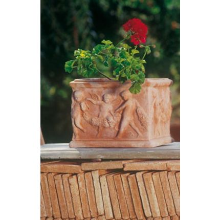 Impruneta Terracotta, Quadrato con putti, Blumenkasten, quadratisch, verziert, Puttendekor, Vierecktopf, Terracottatopf