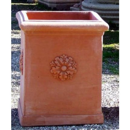 Impruneta Terracotta, Pilone liscio con rosette bordo rotondo, Blumentopf, quadratisch, Rosettendekor