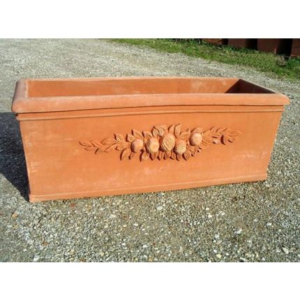 Impruneta Terracotta, Cassetta Roma con melograno, Blumenkasten, rechteckig, länglich, groß, verziert, Früchtedekor, Rechtecktopf, Terracottatopf