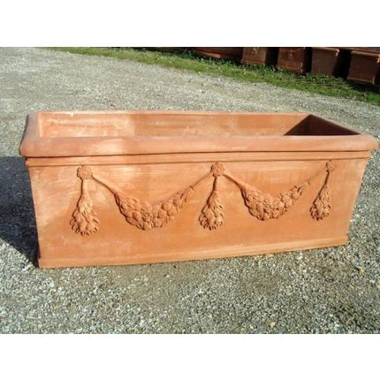 Impruneta Terracotta, Cassetta Roma festonata, Blumenkasten, rechteckig, länglich, groß, verziert, Früchtegirlande, Rechtecktopf, Terracottatopf