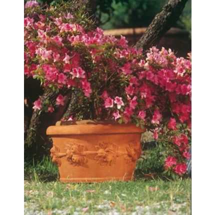Impruneta Terracotta, Vaso Robbiano basso con Frutta, Blumentopf, rund, verziert, Früchtedekor