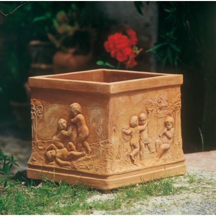 Impruneta Terracotta, Quadrato con putti, Blumenkasten, quadratisch, verziert, Puttendekor, Vierecktopf, Terracottatopf