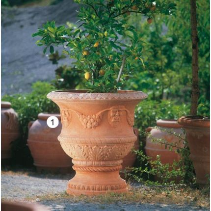 Impruneta Terracotta, Vaso ornato con maschere, Pflanzgefäß, Blumentopf