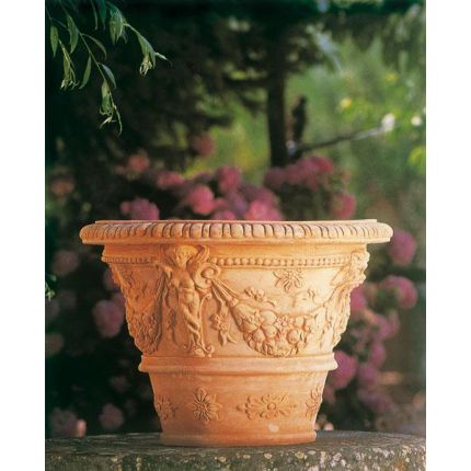 Impruneta Terracotta, Vaso ornato con cariatidi, verziertes Gefäß, Pflanztopf, Blumentopf