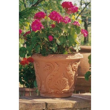 Impruneta Terracotta, Vaso liberty con foglie, Blumentopf, Pflanzgefäß, verziertes Gefäß