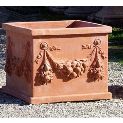 Impruneta Terracotta, Quadrato festonato, Blumenkasten, quadratisch, verziert, Früchtegirlande, Vierecktopf, Terracottatopf