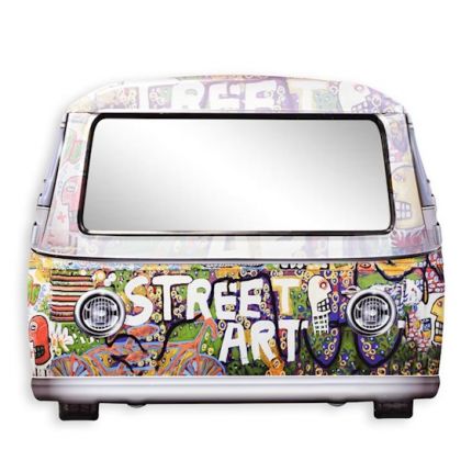 Wandspiegel in Autoform, Zinnblech, A TIN GRAFFITI COVERED VAN SHAPED MIRROR