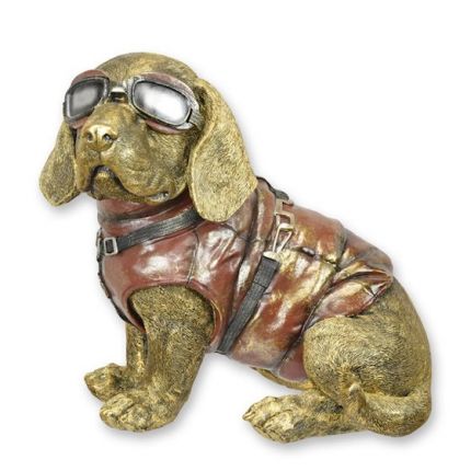 Kunststeinfigur Dackel als Pilot - Höhe 28,6 cm - Polyresin