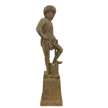 Naturstein, Steinfigur, Gärtner mit Spaten, Männerfigur auf Sockel, Figur, Gartenfigur