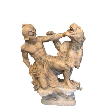 Marmorfigur, Steinfigur, kämpfender Mann mit Tiger, Krieger, Tierfigur, Gartenfigur