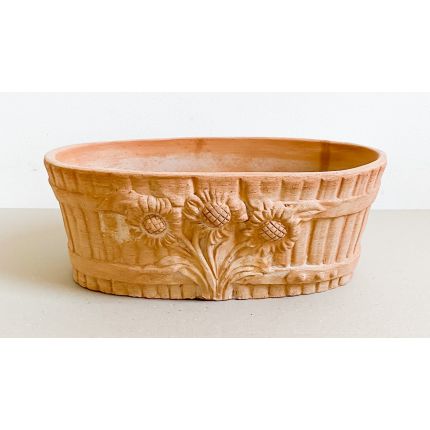 Galestro Terracotta, Cassetta Ovale Girasoli, Pflanzschale, oval, verziert, Blumendekor, Pflanzkorb, Blumentopf, Pflanzschale, Tonschale, Tontopf, Topf, Terracottatopf, Terracottaschale
