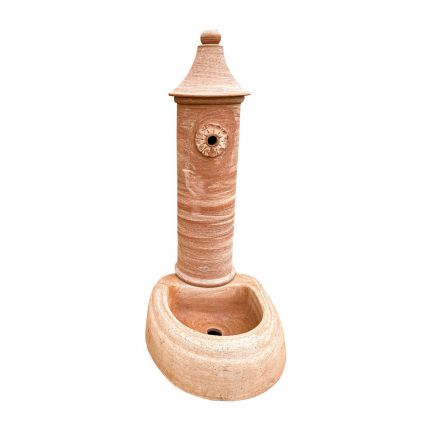 Galestro Terracotta, Fontana da Terra, Brunnen Turm mit Wasserschale, Brunnensäule, Rosettendekor, Terracottabrunnen, Gartenbrunnen, Brunnen, Wasserstelle