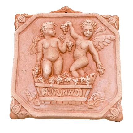 Galestro Terracotta, Mattonella 4 Stagioni Autunno, Wandfliese Herbst, Jahreszeit, quadratisch, Wandbild, Engel, Putten, Dekoration, Relief
