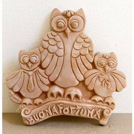 Galestro Terracotta, Gufo Buona Fortuna, Eulenfamilie, Eulen, Wandbild mit Schriftzug "Viel Glück"