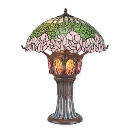 Tischlampe im Tiffany-Stil - H. 70,5 cm - rund - Rosendekor