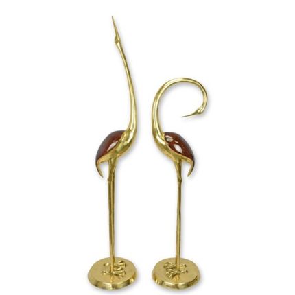 2er-Set Kranichfiguren - H. 139/173,5 cm - Bronze - goldfarben + rot