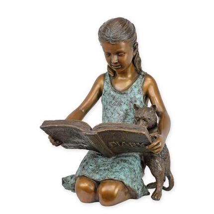 Bronzefigur Mädchen mit Buch und Katze - Höhe 48 cm