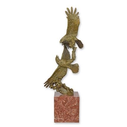Bronzefigur zwei kämpfende Adler - H. 84,4 cm - Roter Marmorsockel