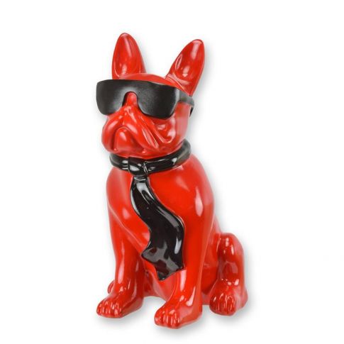 Bulldogge mit Sonnenbrille und Krawatte - rot-schwarz - H&ouml;he 59,6 cm - Polyresin