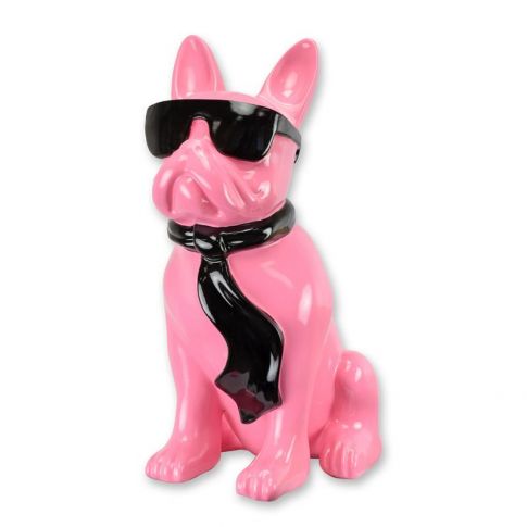Bulldogge mit Sonnenbrille und Krawatte - pink-schwarz - H&ouml;he 59,6 cm - Polyresin
