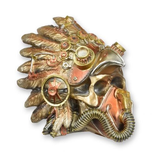 Steampunk-Sch&auml;del mit indigenem Kopfschmuck - H&ouml;he 15,8 cm - Polyresin