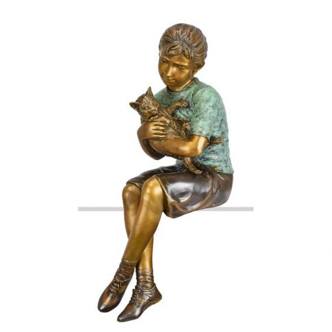Bronzefigur M&auml;dchen mit Katze - Gartenfigur - Sitzfigur