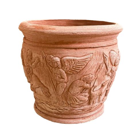 Galestro Terracotta, Vaso Romano, Blumentopf, Vase, rund, verziert, Engel, Menschen, Tiere