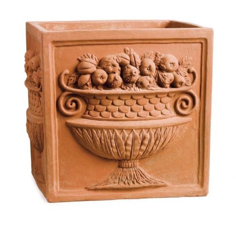 Impruneta Terracotta, Cubo Reale, Blumenkasten, quadratisch, verziert, Fr&uuml;chtedekor, Obstschale, W&uuml;rfel, Vierecktopf, Terracottatopf