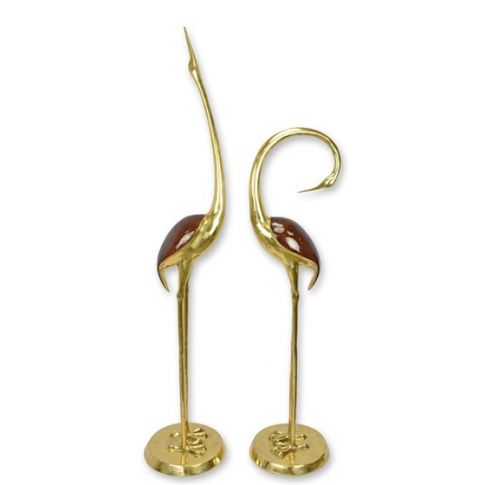2er-Set Kranichfiguren - H. 139/173,5 cm - Bronze - goldfarben + rot