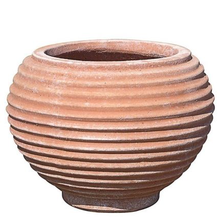 Impruneta Terracotta, Palla Rigata con Piedino, kugelförmiges Pflanzgefäß mit Streifen auf Fuß, Blumentopf, Vase