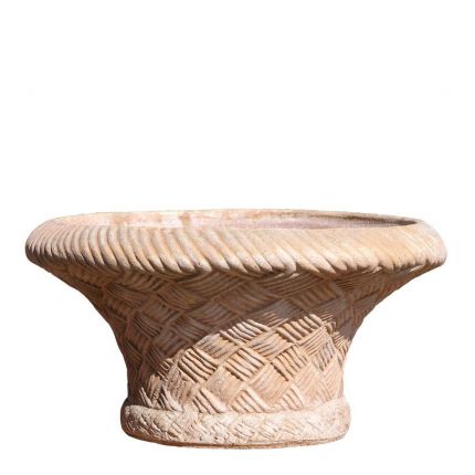 Impruneta Terracotta, Vaso a cestino, Pflanztopf, rund, verziert, grau, Korbgeflechtmuster, Blumentopf, Terracottatopf