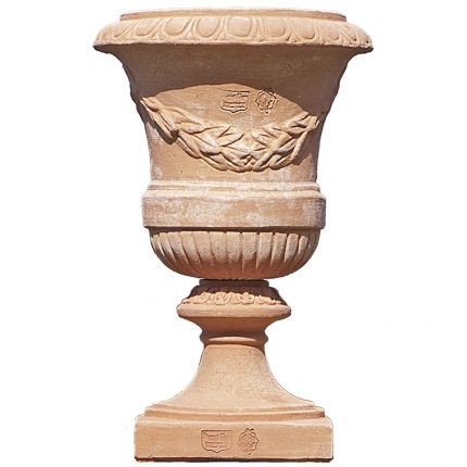 Impruneta Terracotta, Alzata Mughetto, Pokal mit Girlande und Verzierung