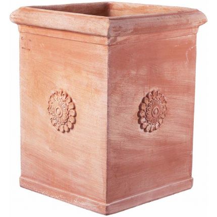 Galestro Terracotta, Pilone con Rosone, Blumenkasten, quadratisch, hoch, verziert, Rosettendekor, Vierecktopf, Terracottatopf