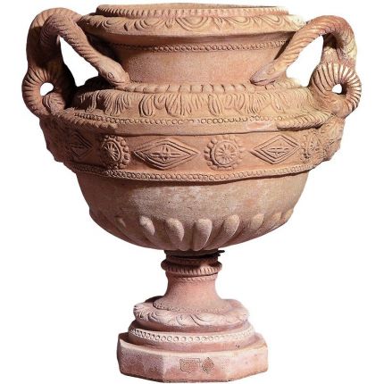 Impruneta Terracotta, Alzata con Manici a Serpe, verzierter Pokal mit Schlangengriffen, Pflanztopf