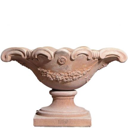 Impruneta Terracotta, Alzata Ornamentale Del ´700, ovale Pflanzschale mit Verzierung auf Sockel, Dekor aus dem 18. Jahrhundert