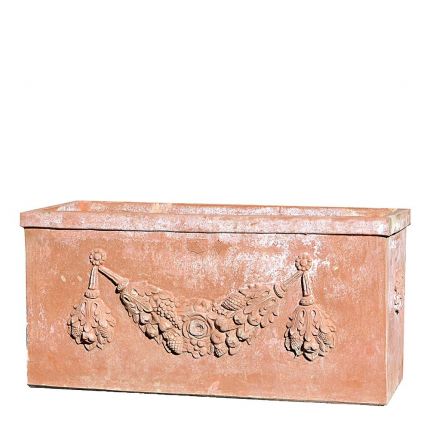 Impruneta Terracotta, Cassetta Festonata, Pflanzkasten, Blumenkasten, Rechtecktopf, verziert, Früchtegirlande, Terracottatopf