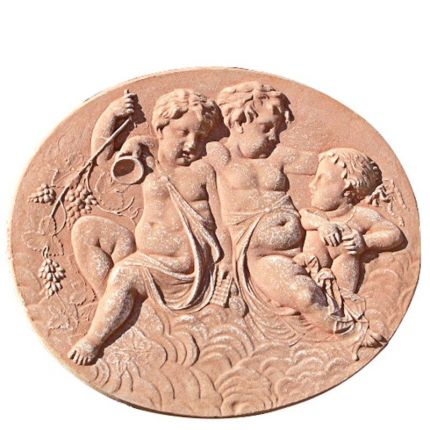 Impruneta Terracotta, Pannello ovale tre "Bacchini", ovales Wandbild drei Kinder, Dekoration, Relief