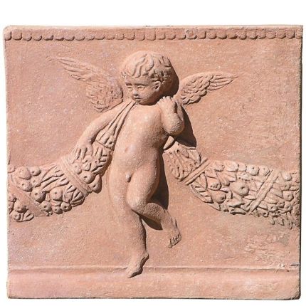 Impruneta Terracotta, Pannello Putto con Festone, Wandbild Putte mit Girlande , Dekoration, Relief