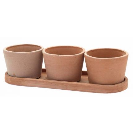 TerrArte Terracotta, Vaso Tris Rotondo, Pflanztopf, dreifacher Kräutertopf mit Unterteller, Blumentopf, Kräuter, Topf_Teller_Set