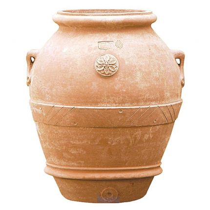 Impruneta Terracotta, Orcio, Krug, Griffe, Dekorband, Blütenrosette