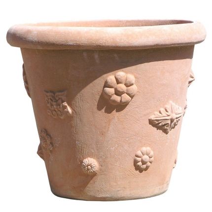 Impruneta Terracotta, Vaso Camelia con Borchie, Blumentopf, rund, verziert, grau, Blütendekor, Cameliavase, Terracottatopf, Terracottavase, Imprunetavase
