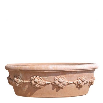 Impruneta Terracotta, Zangola festonata, Pflanzschale, oval, verziert, groß, grau, Schale, Tonschale, Terracottaschale, Tontopf, Topf
