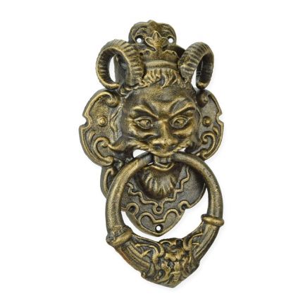 Türklopfer Teufelsgesicht aus Gusseisen, bronzefarben, A CAST IRON DEVIL FACE DOOR KNOCKER - BRONZE COLOUR