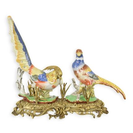 Porzellanfiguren Fasane mit Bronzeanteilen, A BRONZE MOUNTED PORCELAIN GROUP OF PHEASANTS