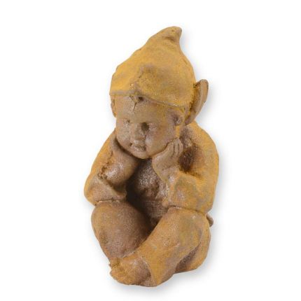 Gusseisenfigur Gnom, Wichtel, Zwerg, rostfarben, A RUSTY CAST IRON FIGURINE OF A SITTING GNOME