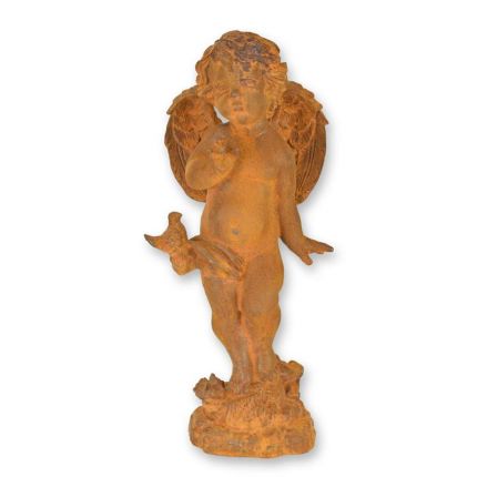 Gusseisenfigur Putte, rostfarben, A RUSTY CAST IRON FIGURINE OF A PUTTO WITH BIRD