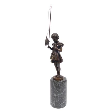 Bronzefigur kleine Anglerin, Mädchenfigur, BRONZE FISHING GIRL